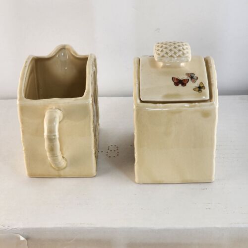 Vintage Enesco Butterfly Garden Trellis Ceramic Tea Set β Teapot, Creamer, Sugar Bowl & 4 Floral Mugs β 7-Piece Set with Lids