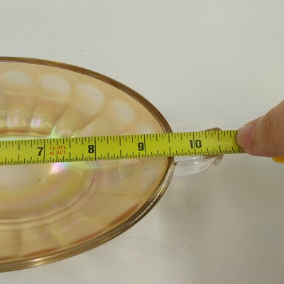 Jeannette Carnival Glass Iridescent Marigold Bowl Twin Clear Handle Large 10.5"