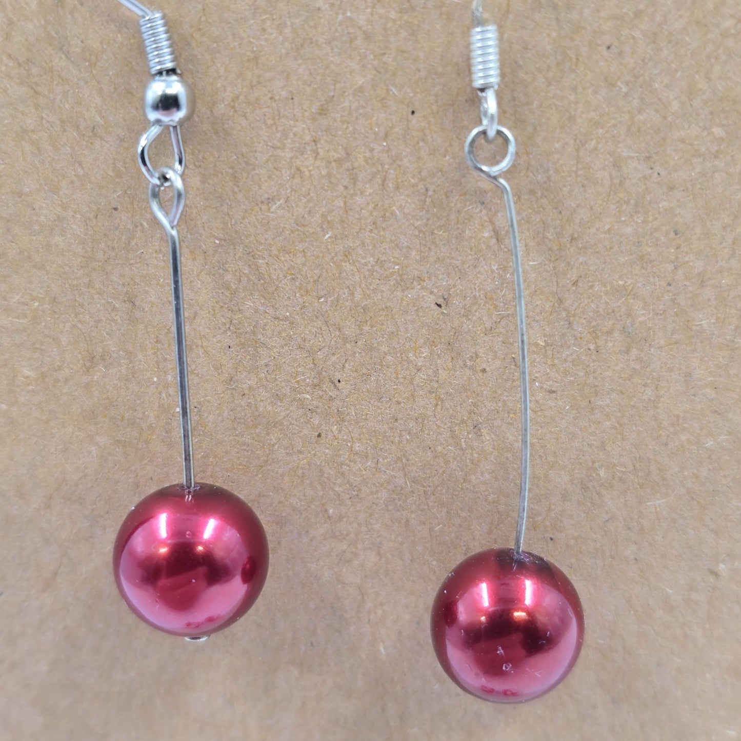 2 Earrings Silver Tone Red Faux Pearl Bead Drop & Disney Red Present Gift Dangle