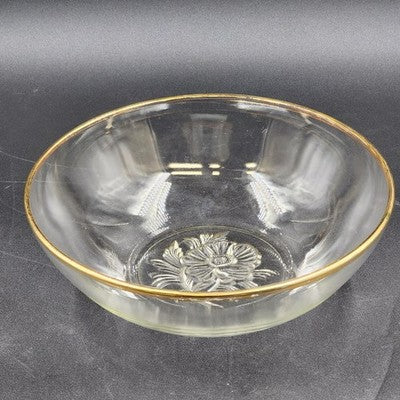 Glass Serving Bowl Floral Flower Etched Bottom Gold Tone Rim 10.5”x3.5”