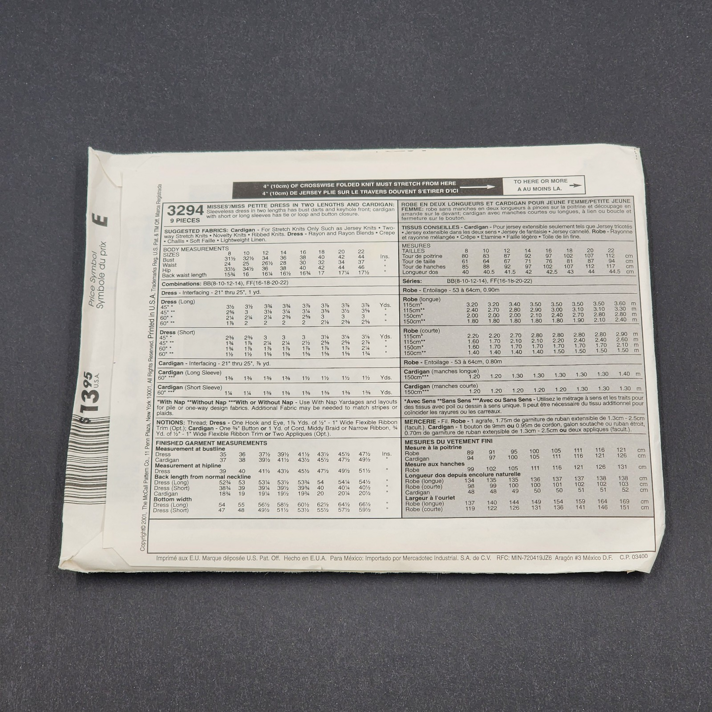 McCall's 3294 Vintage Sewing Pattern 2001 Uncut Misses Dress Jacket Size BB 8-14