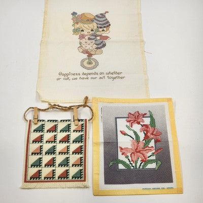 Lot of 3 Finished Aida Cloth Cross Stitch Pieces Precious Moments Floral Geo