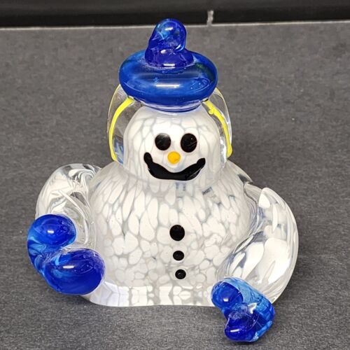 Murano Frosty Type Glass Snowman Bust Paperweight with Arms Blue Hat Mittens 4"h