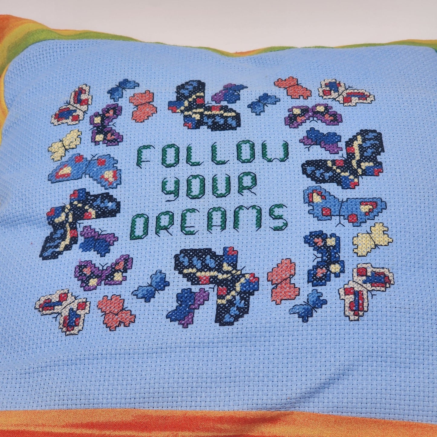 FOLLOW YOUR DREAMS Butterfly Needlepoint Colorful Throw Pillow 14” Square 1970's