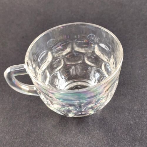 Eight Federal Yorktown Thumbprint Clear Iridescent Glass Vintage Punch Cups 3"