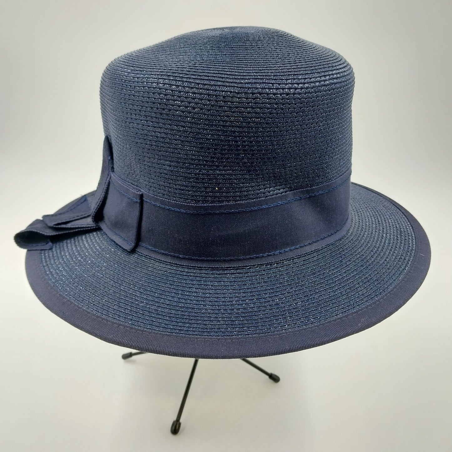 Navy Blue Hemp Braid Tall Crown Straw Fedora Summer Hat w Grosgrain Ribbon Bow