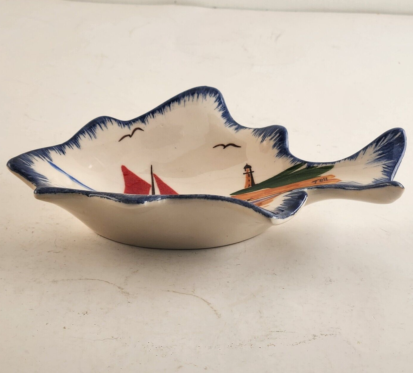 Vintage Tell UK Ceramic Nautical Trinket Dish Sailboat Fish Signed Tray