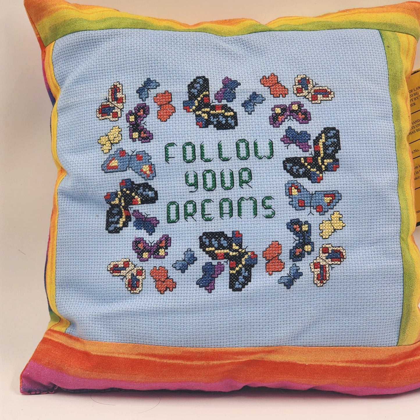 FOLLOW YOUR DREAMS Butterfly Needlepoint Colorful Throw Pillow 14” Square 1970's