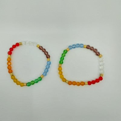 Set of 2 Multicolor Bracelets Faux Pearl Faceted Glass Beads with Gold Tone 6.5"