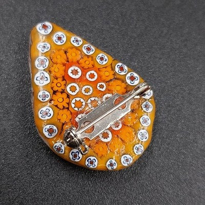 Murano Millefiori Glass Brooch Pin Orange Floral Teardrop Pin 1.25"