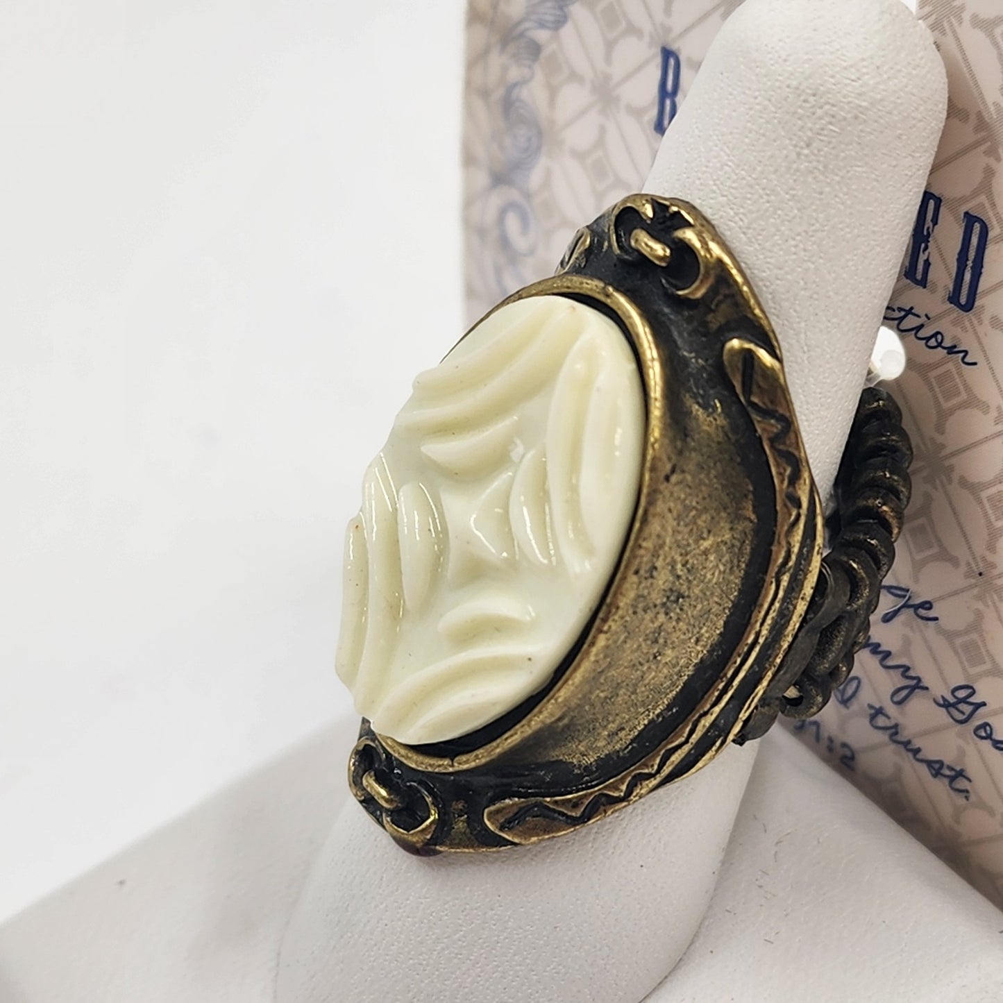 Redeemed Jewelry Ring Bronze Tone White Stone Elastic Band Psalm 91:1 & 91:2
