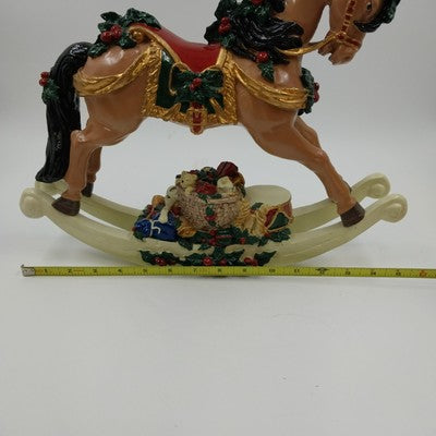 Christmas Holiday Decoration Musical Rocking Horse Basket of Toys Polyresin 12"