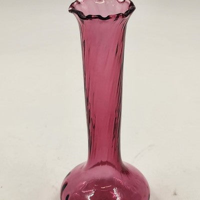 Pilgrim Cranberry Glass Bud Vase 7" Swirled Neck Ruffled Rim Hand Blown