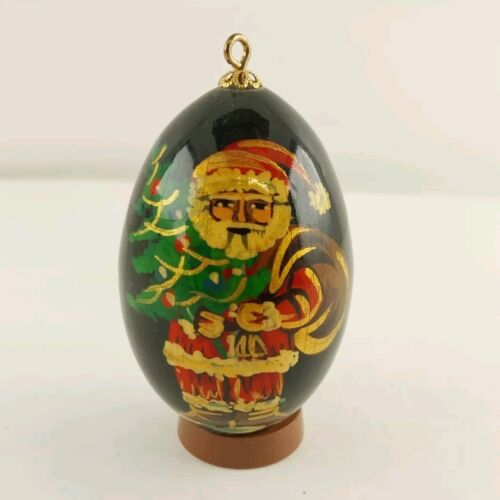 Russian Style 3" Black Lacquer Egg Christmas Santa Claus Ornament Brown Base
