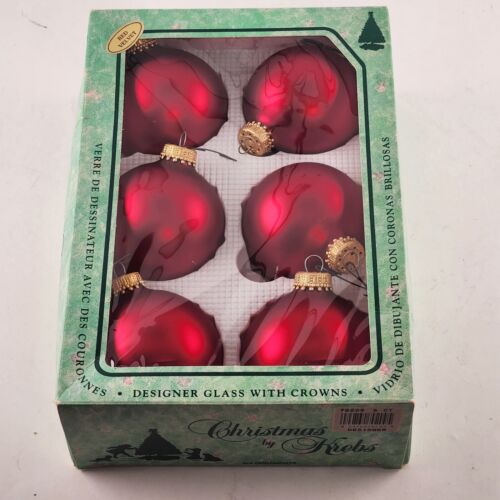 Krebs Glass Christmas Ornaments Red Satin Pearl 6 Pk Vintage Boxed Crown Top 2½"
