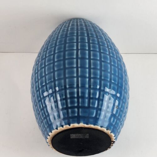 Blue Glazed Vase Geometric Grid Lines Pattern 6" Tall x 1.25" Mouth Rubber Base