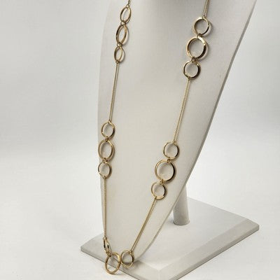 Gold Tone Curb Link Chain w Round Gilded Circle Open Loops Pendant 20" Necklace