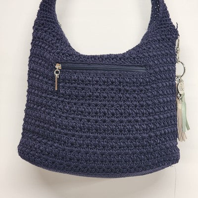 The Sak Navy Blue Striped Crocheted Boho Shoulder Hand Bag Purse Zipper 10"x13"