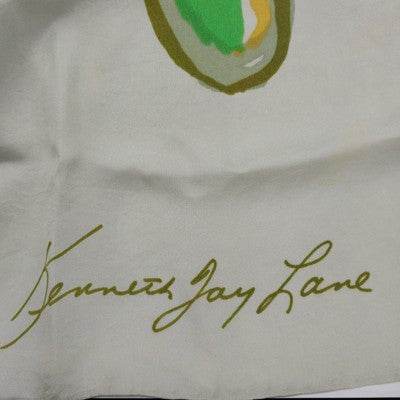 Kenneth Jay Lane Signed Unicorn Silk Scarf 31" Square Green Blue Jewel Japan