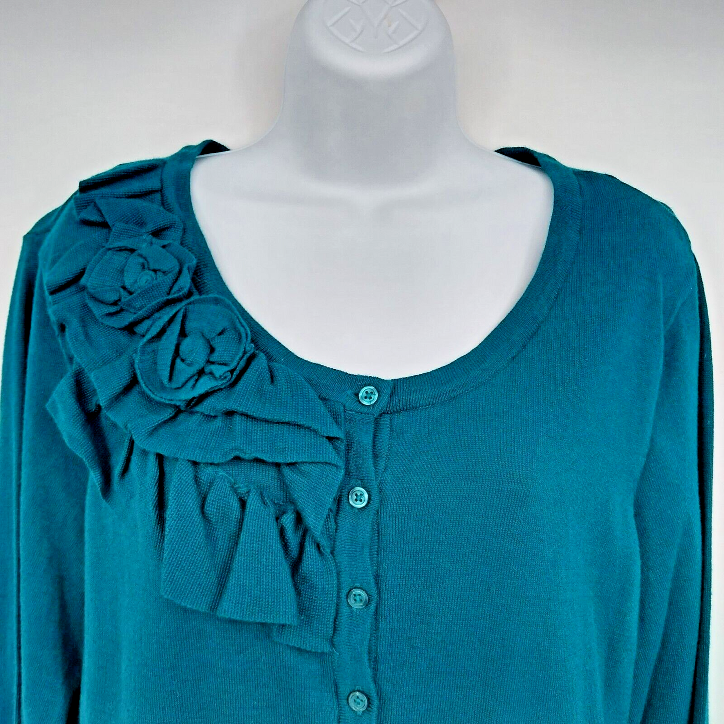 Elle Women's Turquoise XL Cardigan Ruffle Floral Button-Up Stretch Long Sleeve
