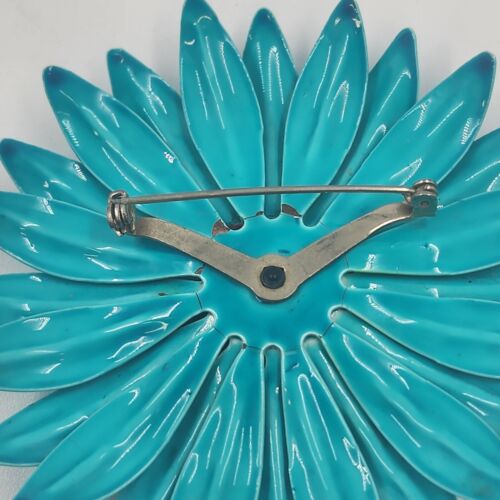 Blue Enamel Flower Brooch Vintage Metal Round Pin 3" Diameter