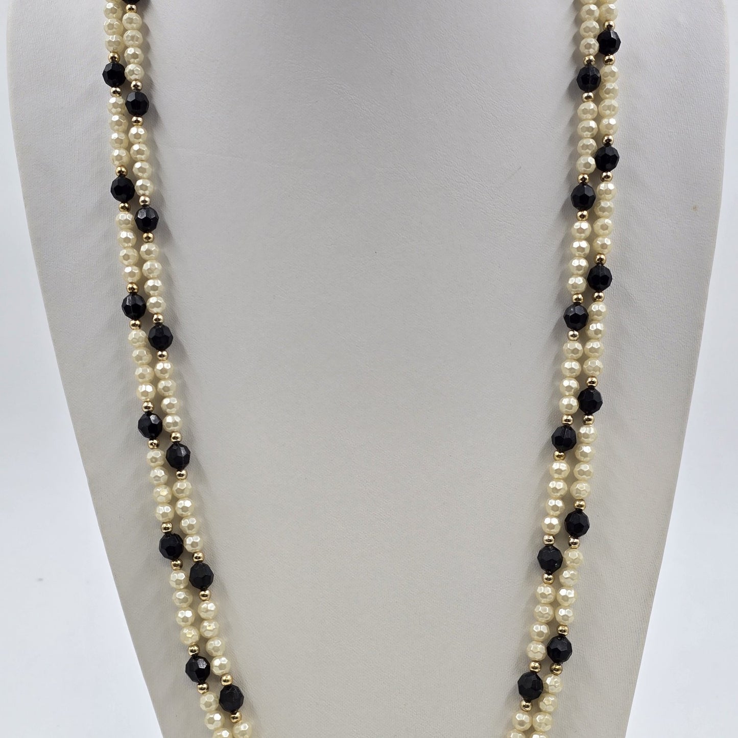 Black White & Gold Faux Pearl Stone Beaded 2 Strand Long Necklaces
