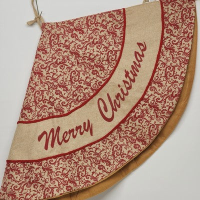 Tree Skirt Merry Christmas Red and Cream Patterned Burlap Red Piping Large 48"