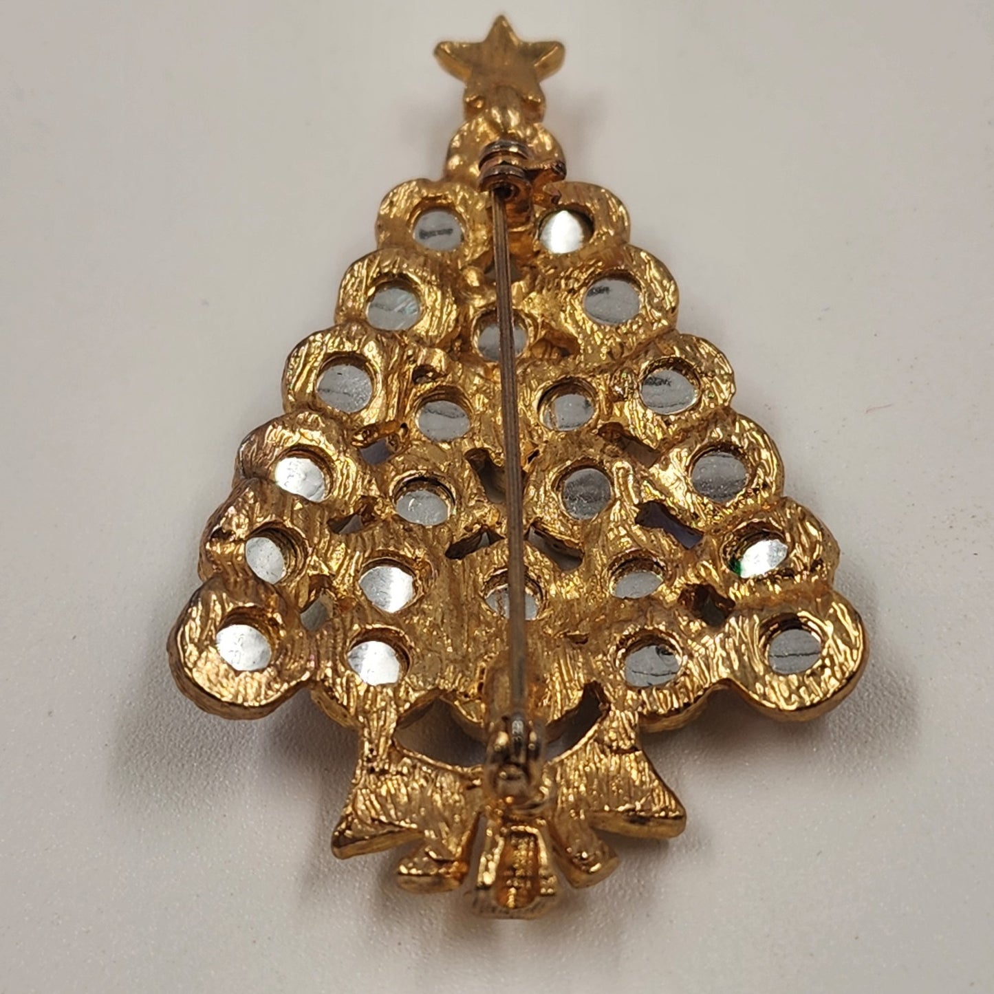 Christmas Tree Gold Tone Brooch w Multicolor Rhinestone Pin 2.5" Holiday Vintage