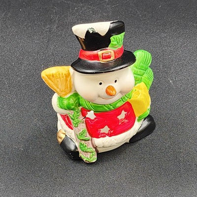 Lenox Snowman Candle Holder Black Hat Green Scarf Holding Broom 5"x3"