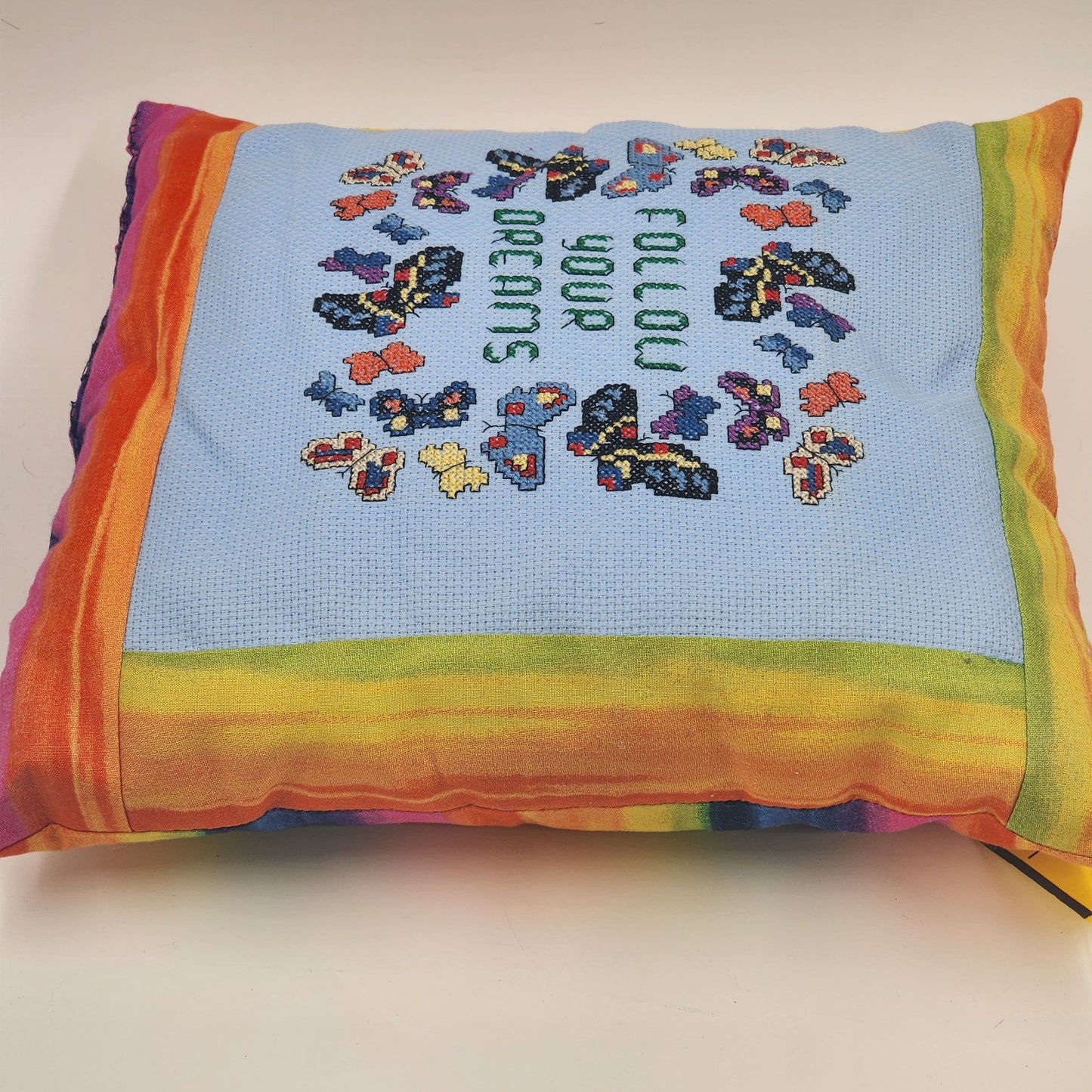 FOLLOW YOUR DREAMS Butterfly Needlepoint Colorful Throw Pillow 14” Square 1970's