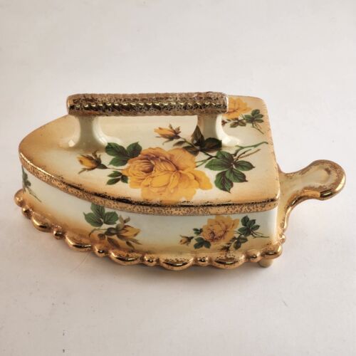 Porcelain Trinket Dresser Box Iron Yellow Gold Gilt Covered Jewelry Ring Vintage