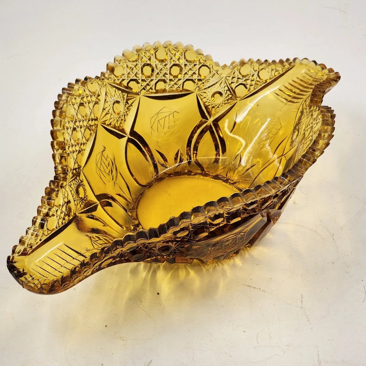 Kemple Amber Glass Napoleon Hat Banana Bowl 14.25" Wheatonware Console Dish