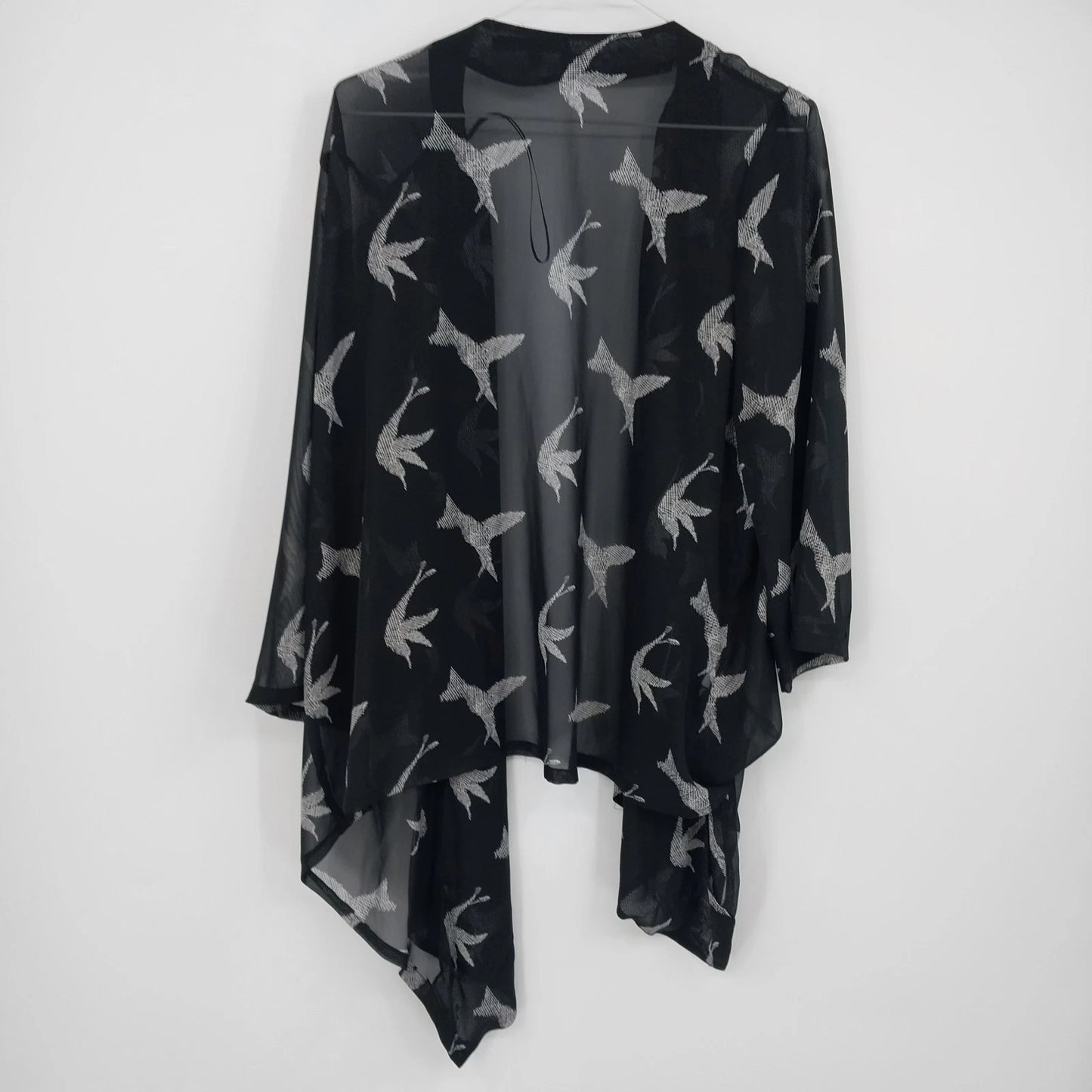Black Rainn Sheer Kimono Cardigan Women's XL Bird Print Open Front Black White