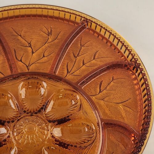 Indiana Glass Pebble Leaf Amber Egg Relish Serving Platter Vintage 12.75" Round