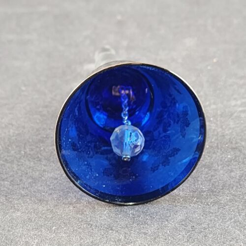 Cobalt Blue Glass Bell w Clear Handle Gold Trim Bohemia Glan Czechoslovakia 4"