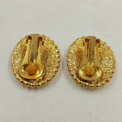 Oval Gold Tone & Black Clip On Earrings