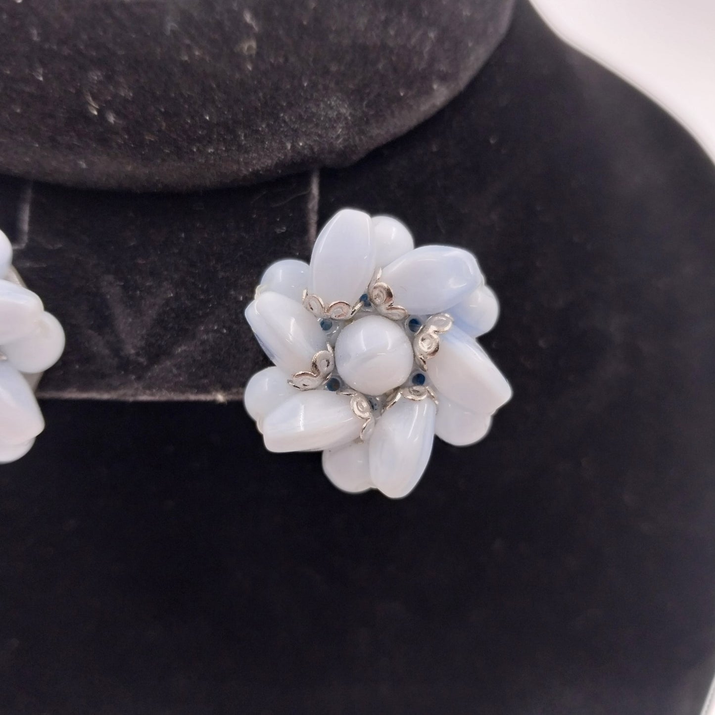 White Oval & Round Beaded with Silver Tone in Flower Shape Push Back Earrings