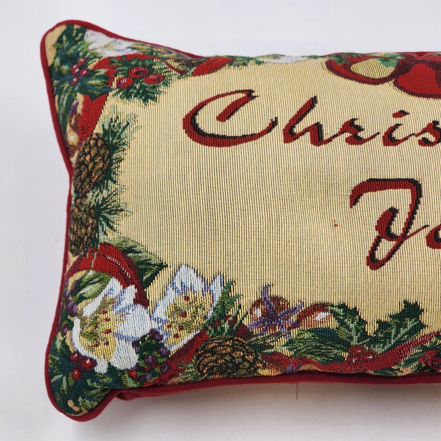 Christmas Joys Throw Pillow Red Back Holly Berries Holiday Decor 18" x 11"