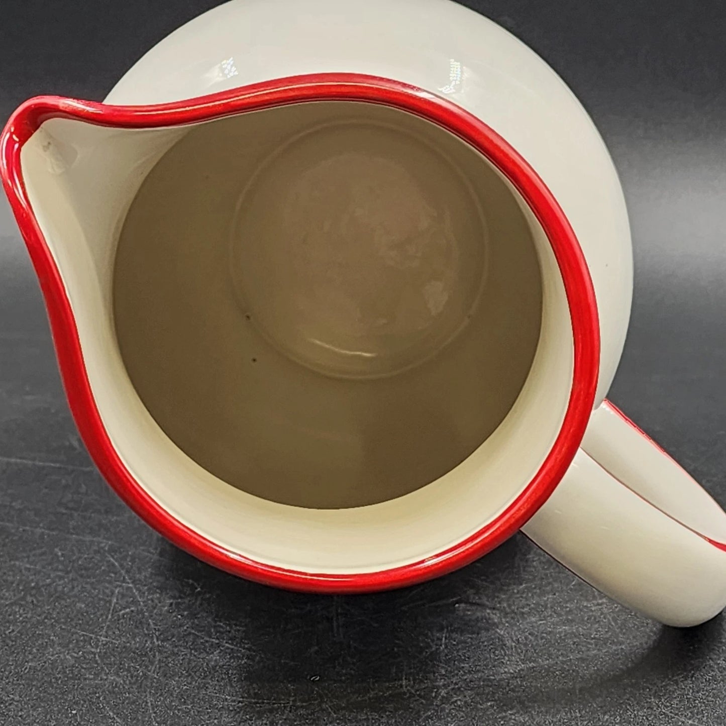 Four’s Gift Rooster Pitcher 9.5" White Ceramic Red Trim w Handle 2003 Farmhouse