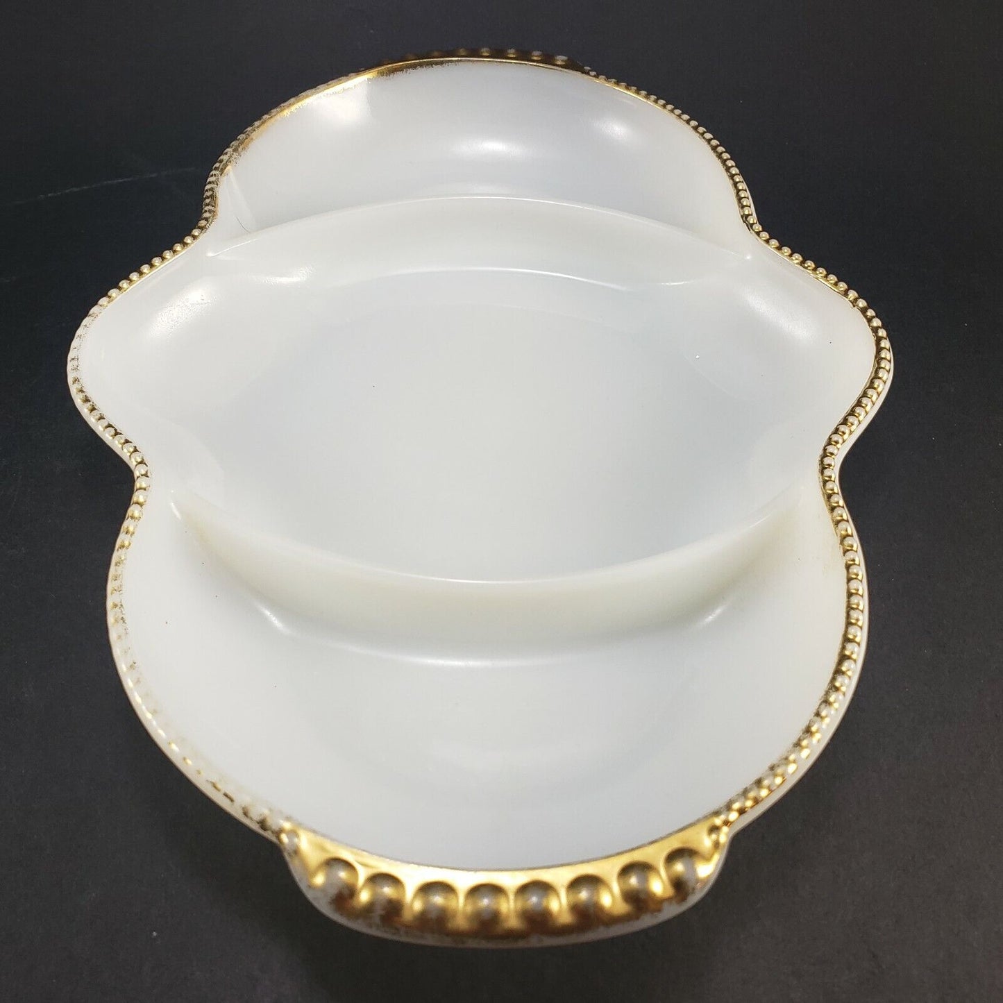 Fire King Oven Ware Divided White Milk Glass with Gold Trim 3-Part Dish Vintage