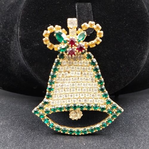 Bell Shaped Brooch Pin Goldtone with Green Red White Glass Stones Clasp Closing
