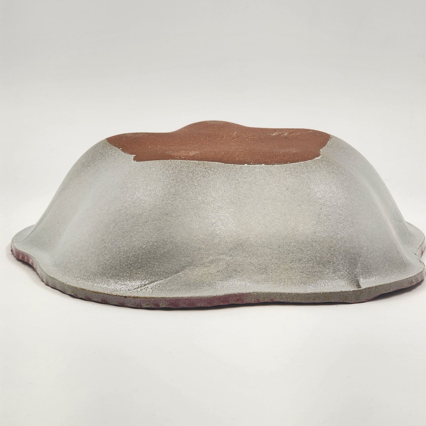 Handmade Studio Art Red Clay Serving Bowl Pink to White Glaze 9" x 2.5" Signed