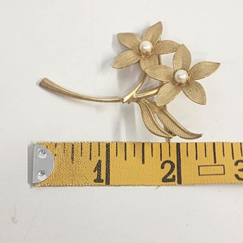 Gold Tone Flower Brooch with 2 Faux Pearls 2.5" x 2" Vintage