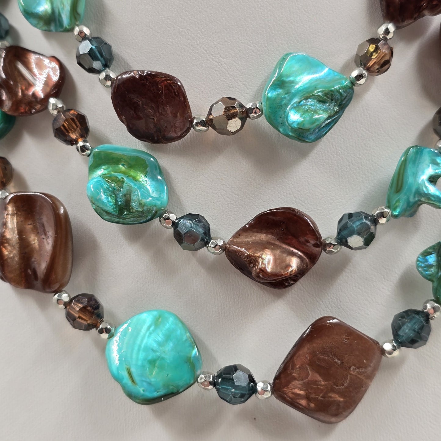 Triple Strand Necklace in Brown Turquoise Glass Beads Bohemian Silver Tone Chain