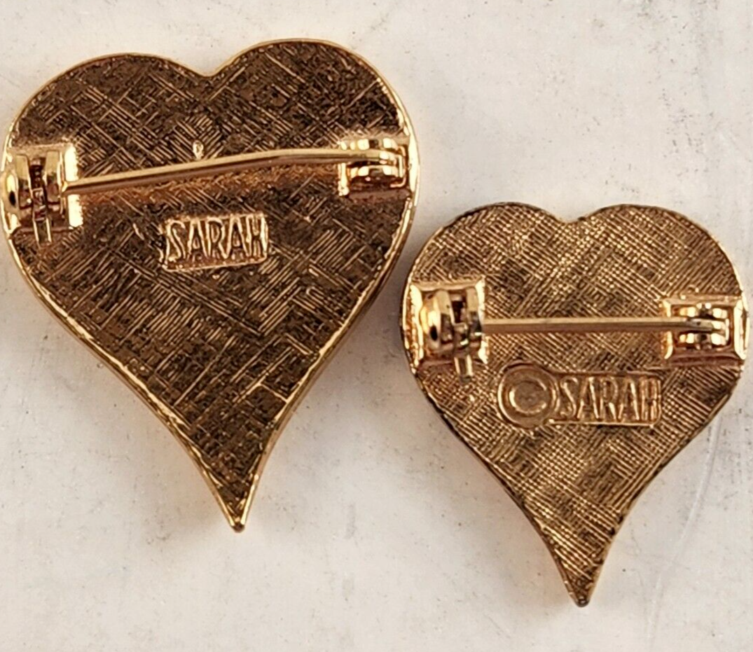 Set Of Two Sarah Coventry Black Heart Shaped Pins W/ Gold Ascents Vintage
