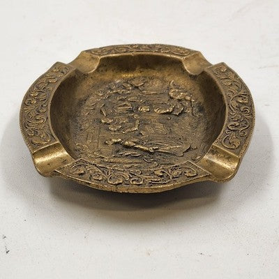 Bronze Brass Ashtray 5.5" Relief Solid Etched Casting Figures Ornate Oval Shape