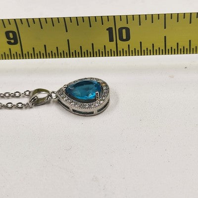 Silver Tone Chain w White Gold Plated Austrian Blue Teardrop Stone Necklace 10"