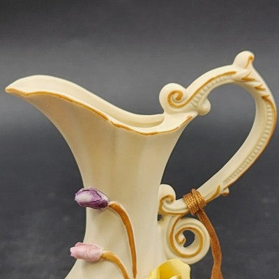 Arnart Antique Ivory Bisque Porcelain Vase Pitcher Raised Multicolor Roses 5"