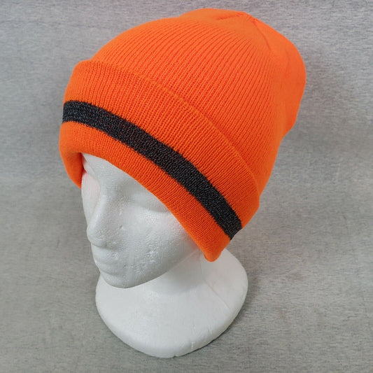 Majestic 75-8202 Reflective Trim Stripe HV Orange Knit Beanie Cap Hat Warm New