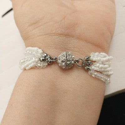 Nine Strand Clear White Small Beaded Magnetic Bracelet w Silver Tone Rhinestone